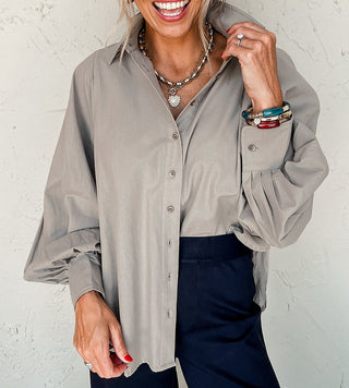Taupe Gray Balloon Sleeve Side Slits Loose Fit Button Front Blouse