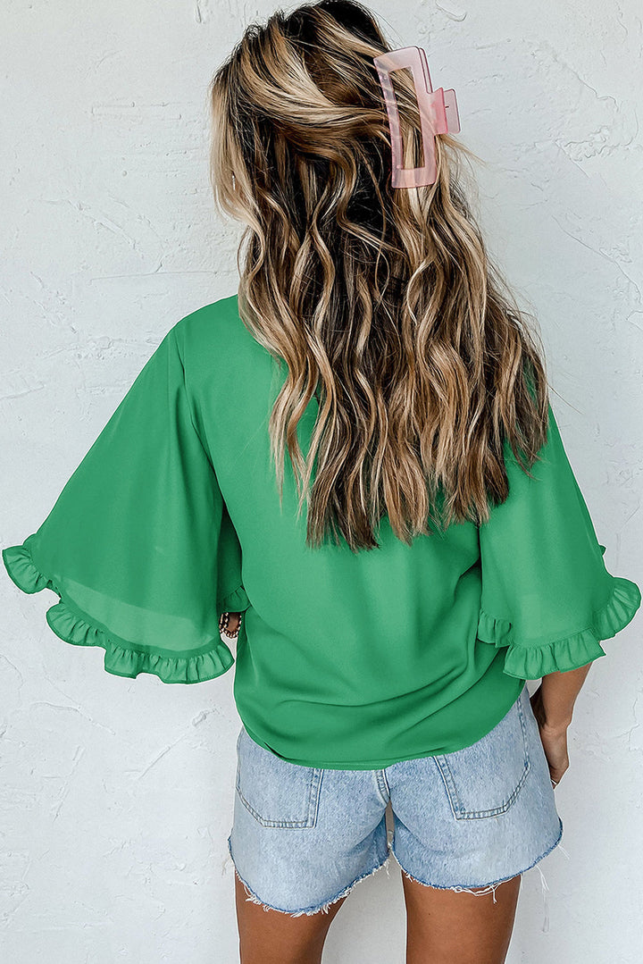 Kelly Green Frilll Neck Belle Sleeve Blouse