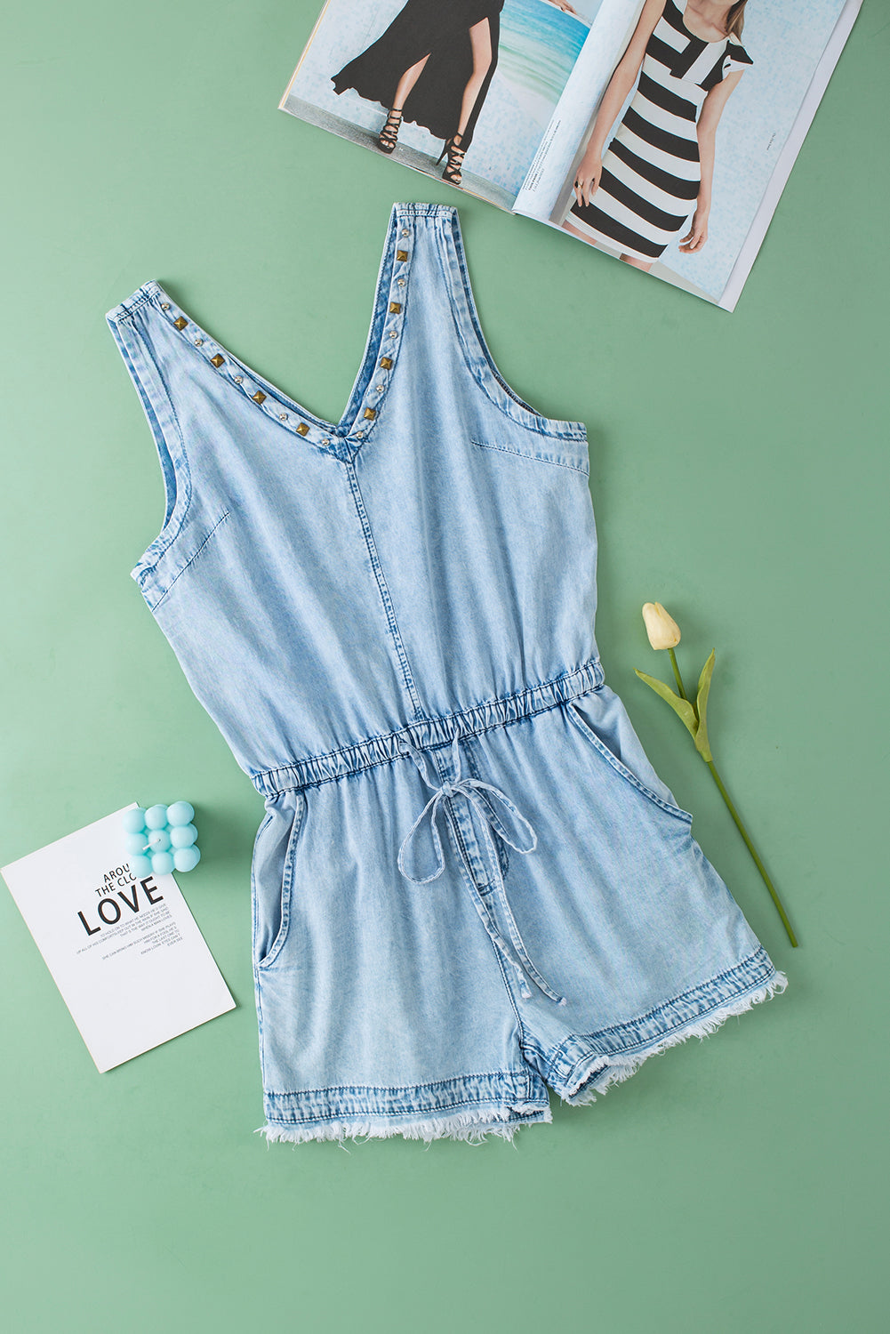 Studded V Neck Raw Hem Sleeveless Light Washed Blue Denim Romper