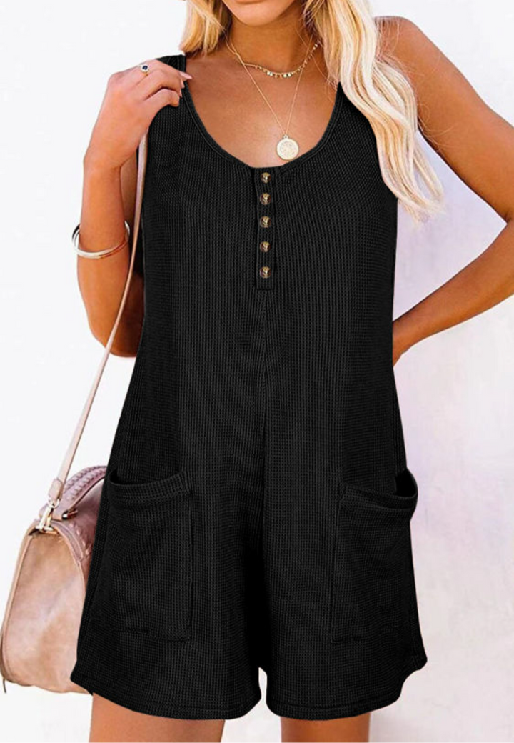 Black Waffle Sleeveless U Neck Short Romper With Pockets