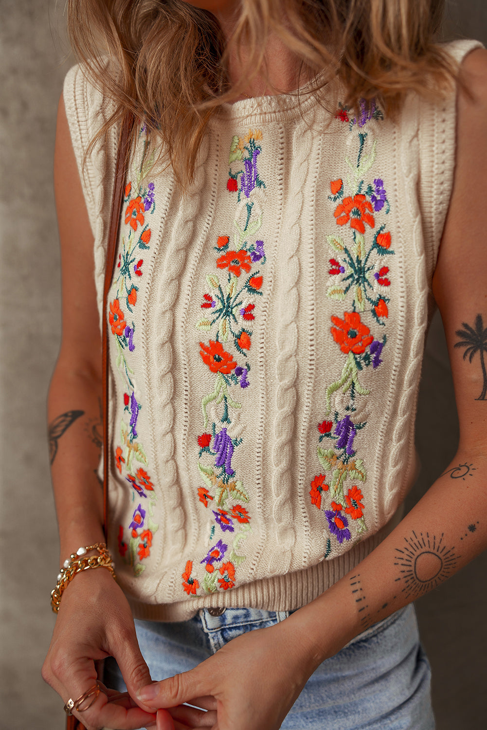Pocket Full of Posies Embroidered Floral Cable Knit Sweater Vest
