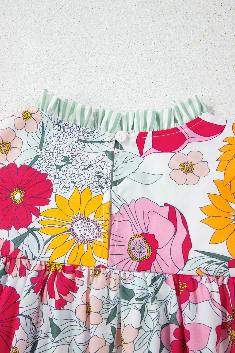 Floral Print Green Stripe Ruffles Contras Trim Cap Sleeve Blouse