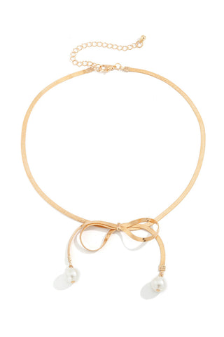 Gold Plated Herringbone Bow Collar Necklace With Faux Pearl Accents