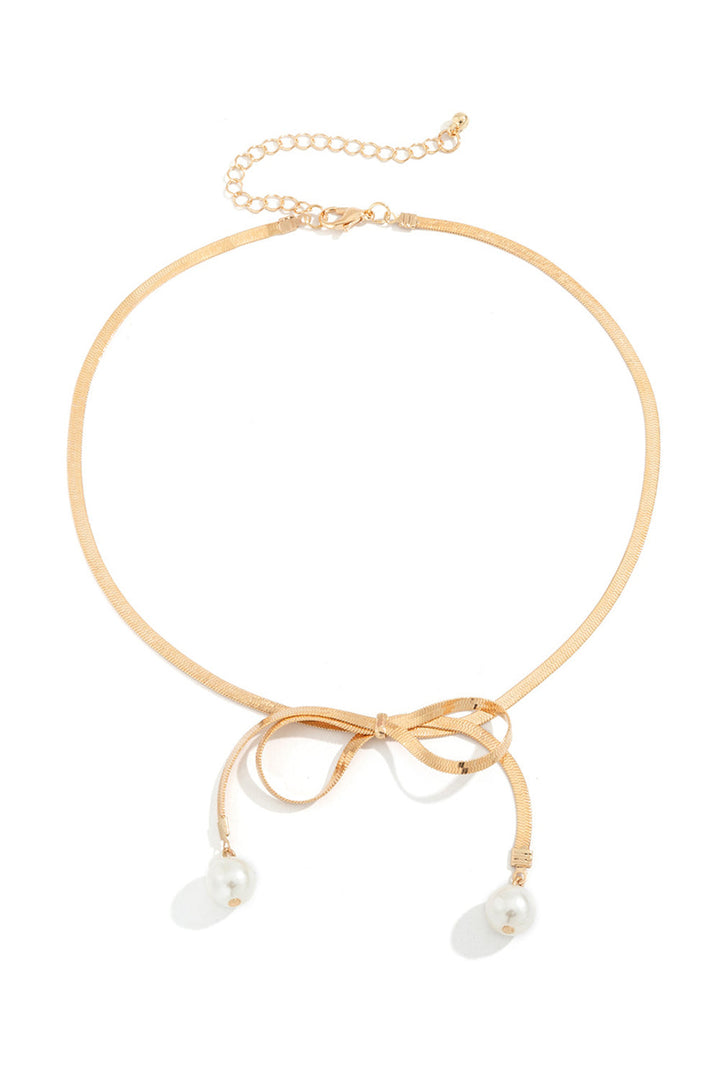 Gold Plated Herringbone Bow Collar Necklace With Faux Pearl Accents