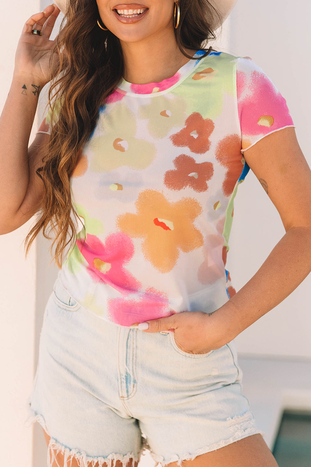 Colorful Floral Mesh Shirt