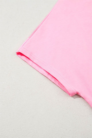 Pink and Blue Color Block 3/4 Button Short Sleeve Blouse
