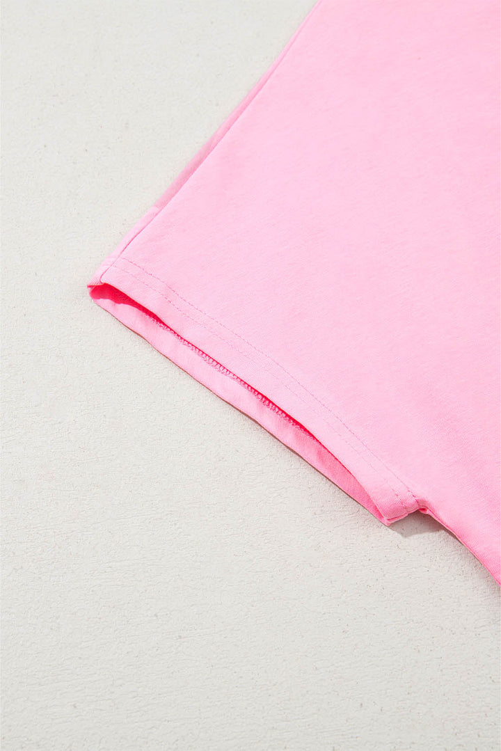 Pink and Blue Color Block 3/4 Button Short Sleeve Blouse