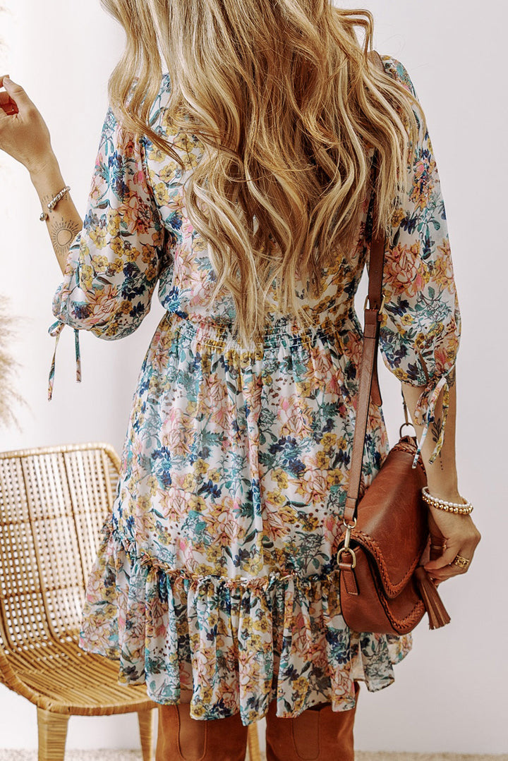 Floral V Neck 3/4 Sleeve Elastic Waist Ruffled Dress