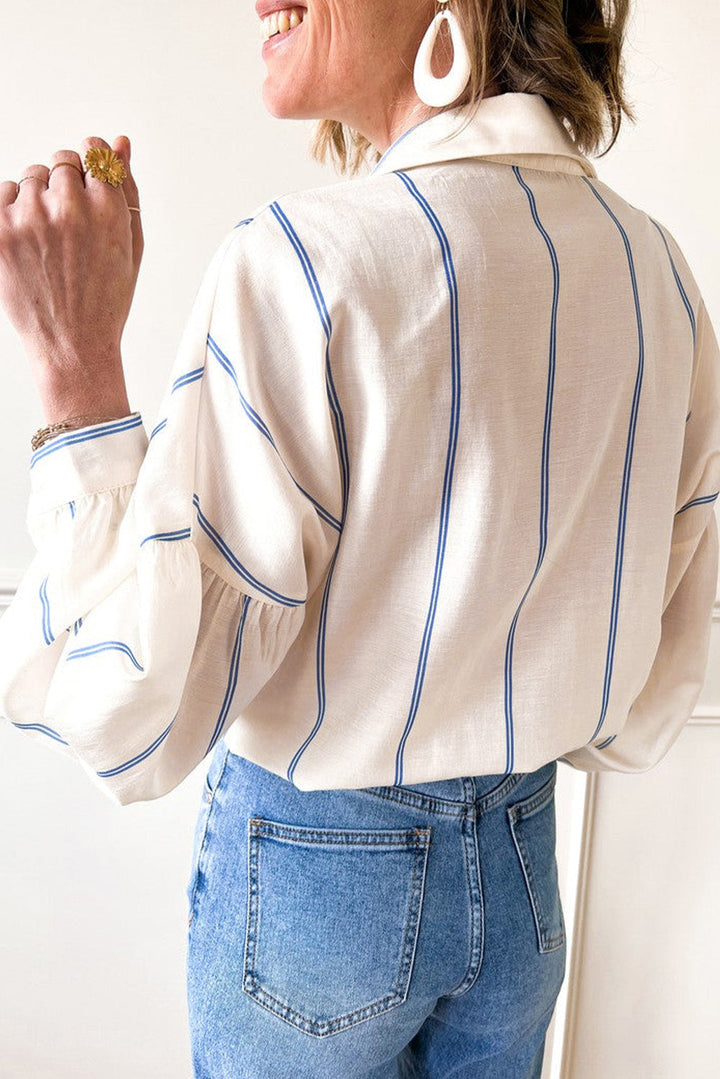 Ivory and Blue Stripe Balloon Sleeve Button Front Blouse