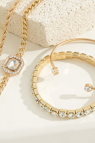 Gold Plated Rhinestone Tennis Bracelet, Bangle and Chain Bracelet Set 4 Piece