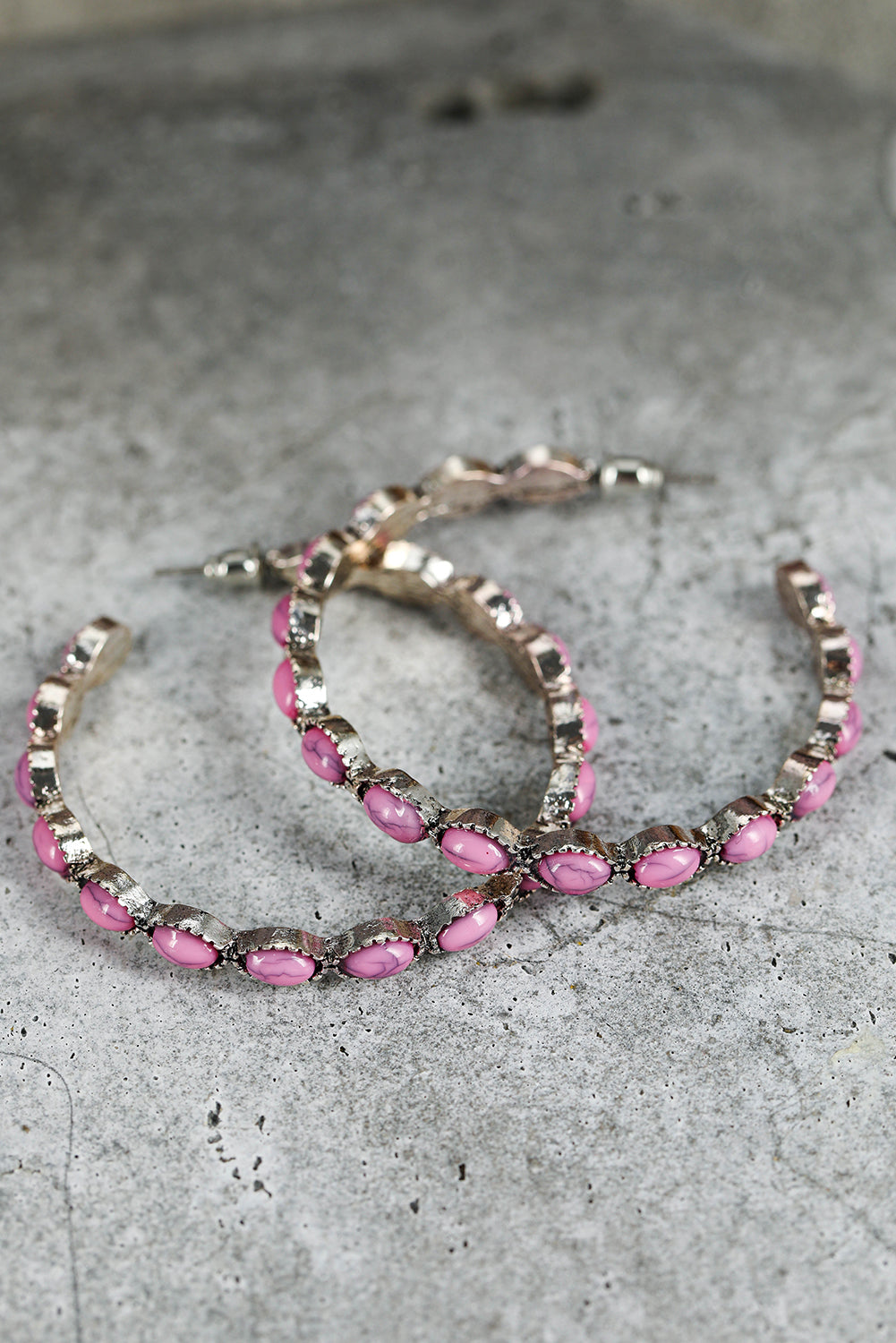 Pink Scalloped Faux Gem Inlay Hoop Pierced Earrings