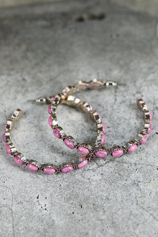 Pink Scalloped Faux Gem Inlay Hoop Pierced Earrings