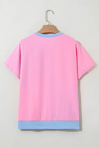 Pink and Blue Color Block 3/4 Button Short Sleeve Blouse