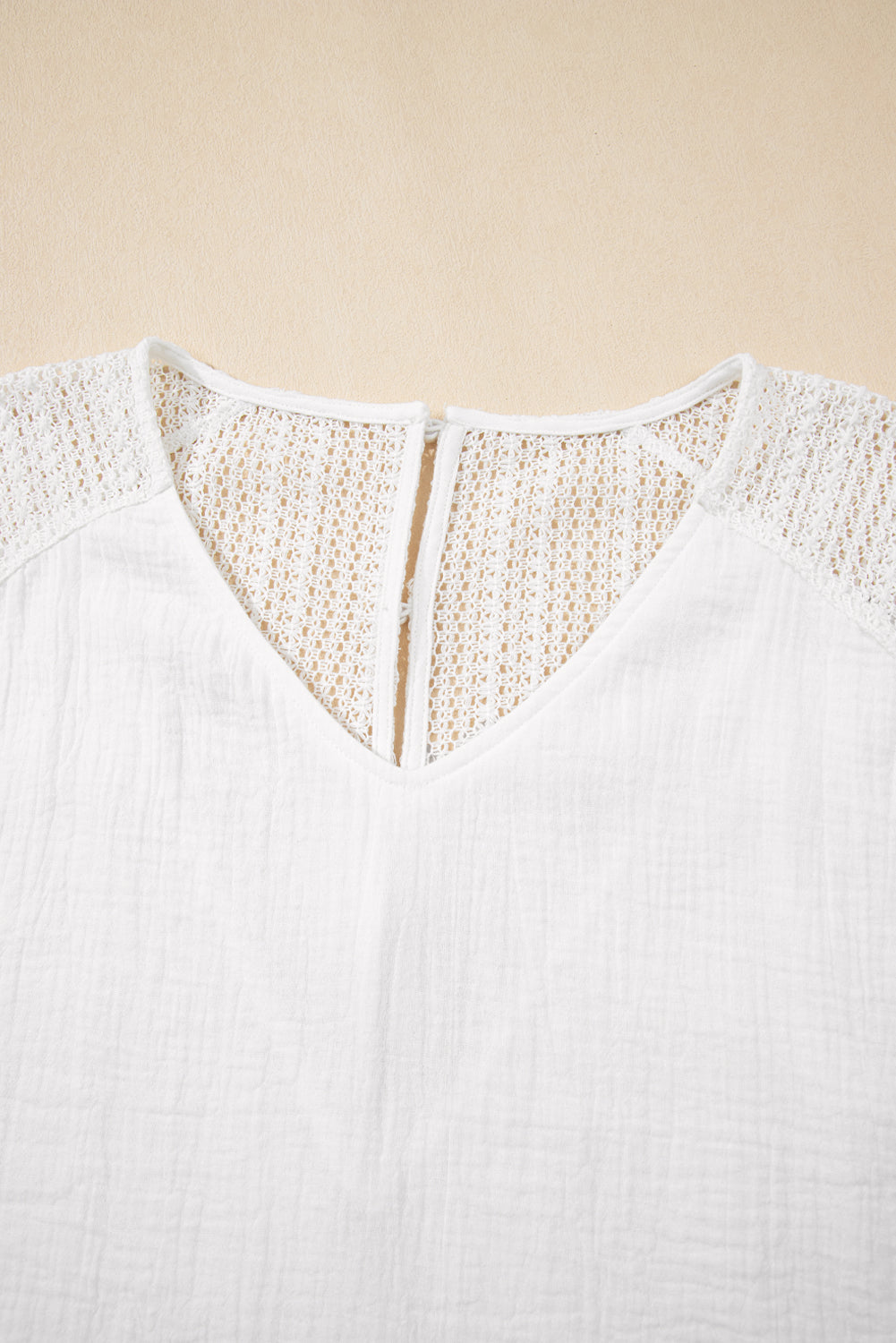 Winter White Lace Back Crochet Button Back V Neck Blouse