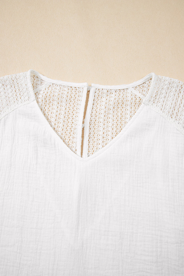 Winter White Lace Back Crochet Button Back V Neck Blouse