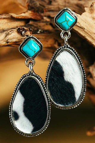 Black & White Cow Hide Turquoise Colored Drop Pierced Earrings