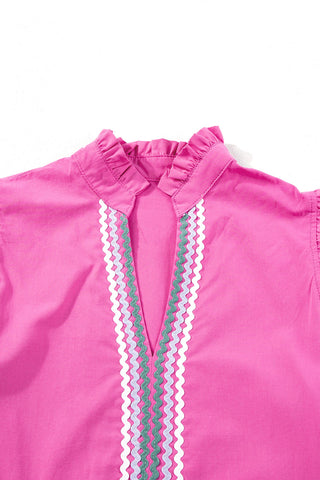Hot Pink Ric Rac Trimmed Flutter Sleeve V Neck Tiered Dress