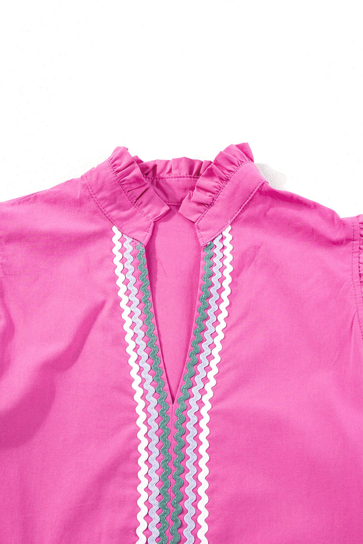 Hot Pink Ric Rac Trimmed Flutter Sleeve V Neck Tiered Dress