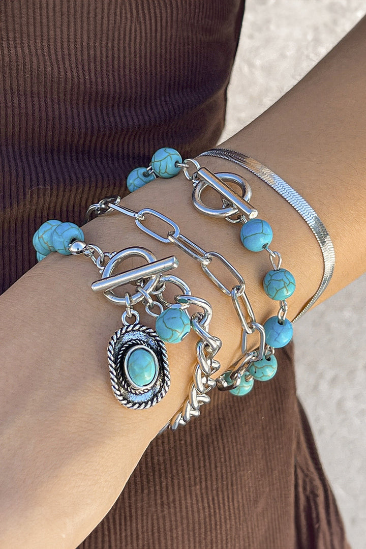 Silver Tone Turquoise Blue 4 Piece Layering Western Beaded Bracelet Set