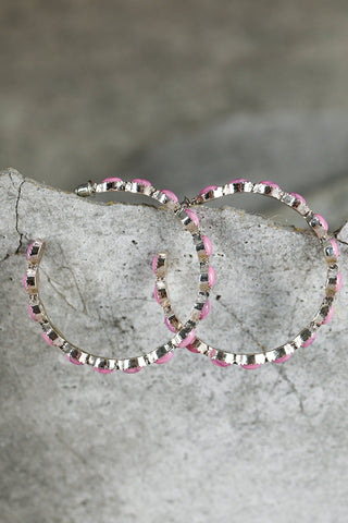 Pink Scalloped Faux Gem Inlay Hoop Pierced Earrings