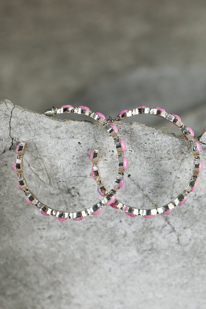 Pink Scalloped Faux Gem Inlay Hoop Pierced Earrings