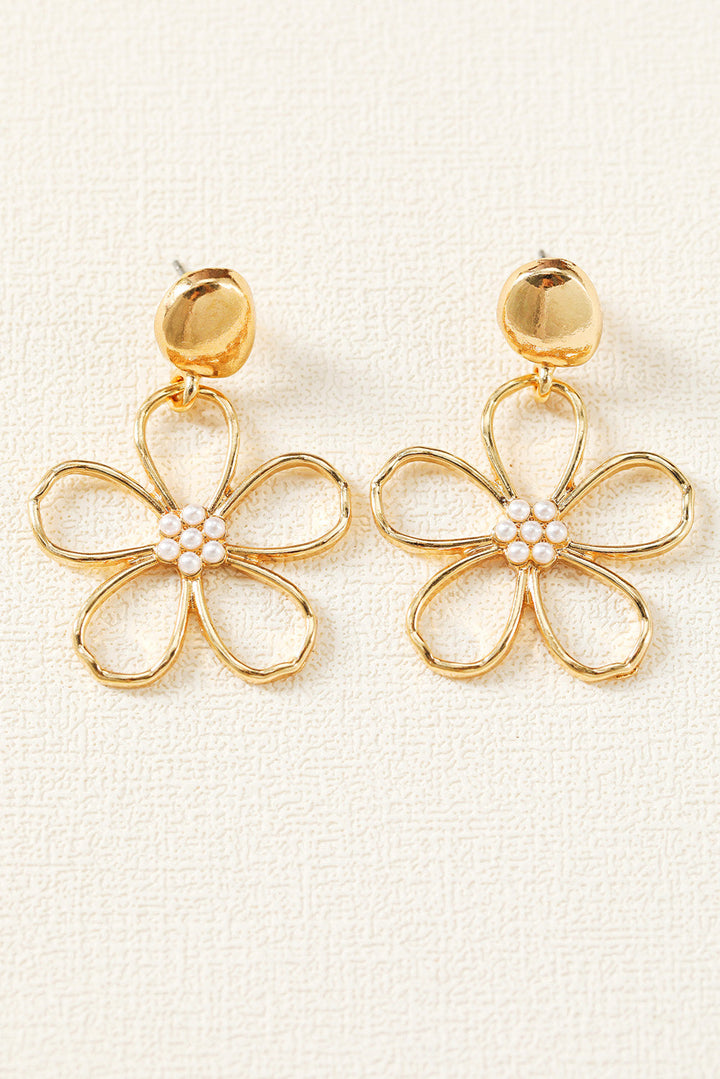 Gold Plated Dangle Flower Pierced Earrings with Faux Pearl Center