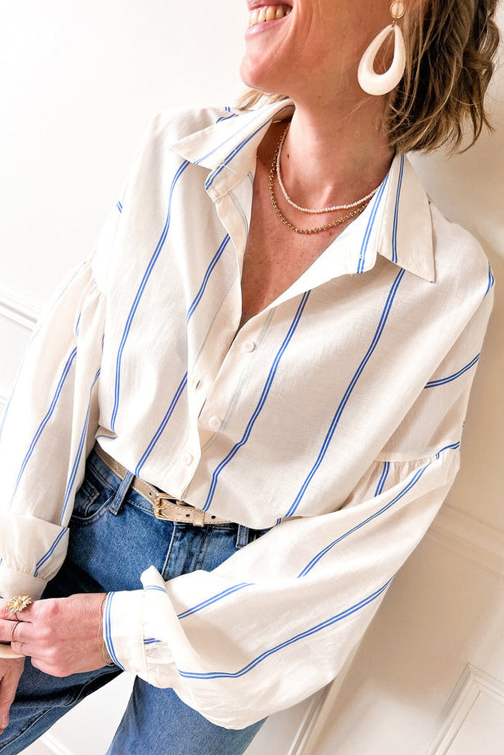 Ivory and Blue Stripe Balloon Sleeve Button Front Blouse