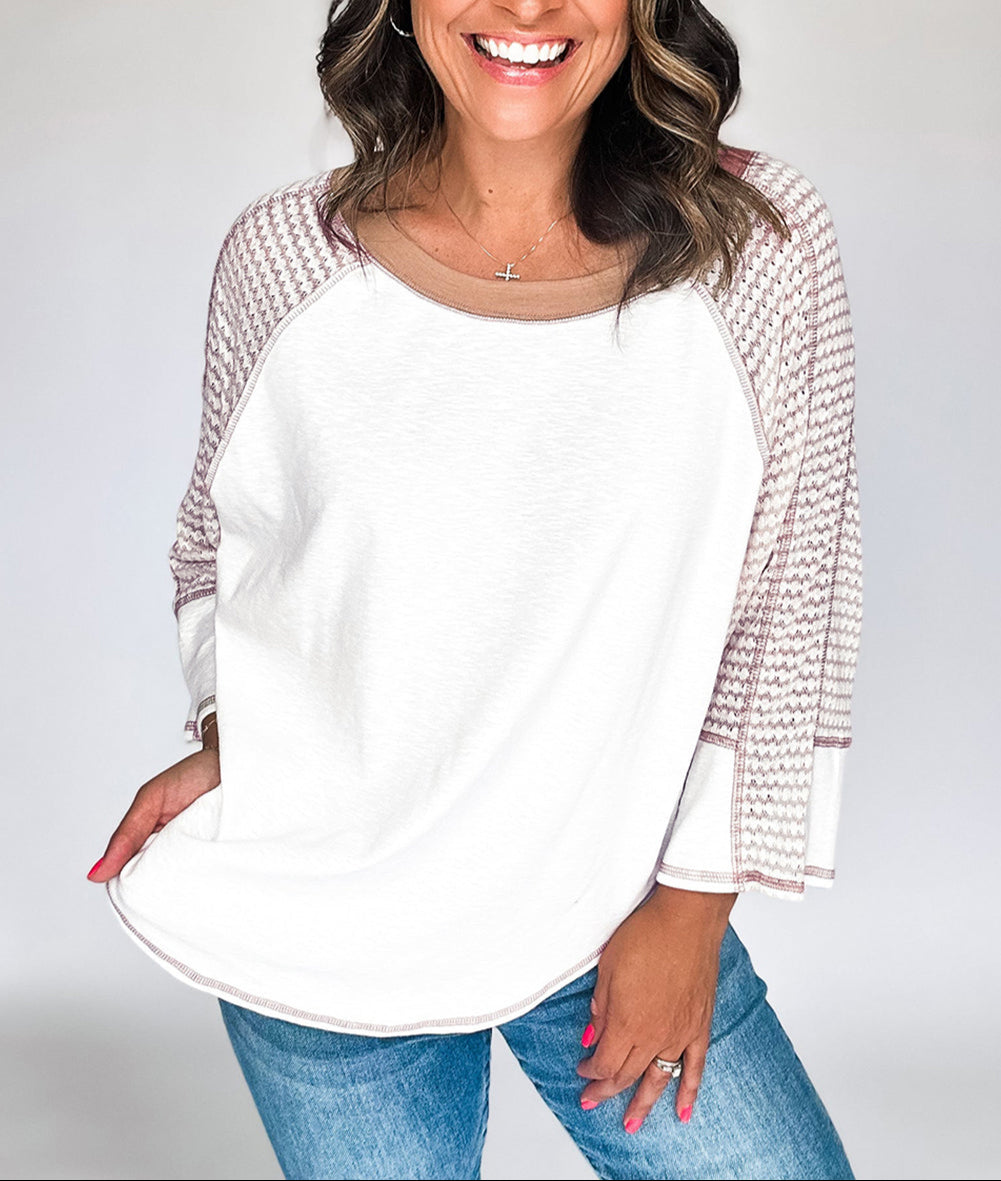 Mocha & White Striped Sleeve Raglan Patchwork Top