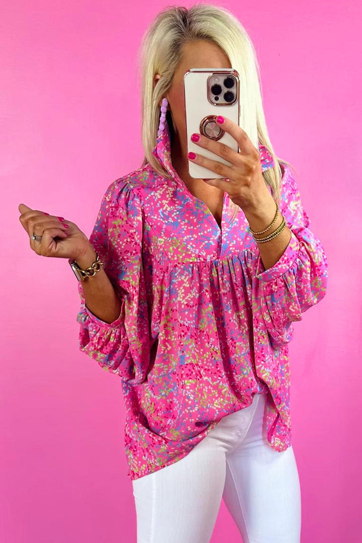 Hot Pink Abstract Floral Print Collared V Neck Babydoll Blouse