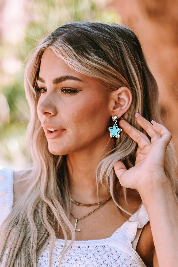 Faux Tuquoise Star Dangle Antique Studded Western Pierced Earrings