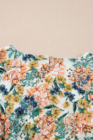 Floral V Neck 3/4 Sleeve Elastic Waist Ruffled Dress