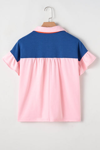 Petal Pink Color Block Half Buttoned Ruffled Short Sleeve Blouse