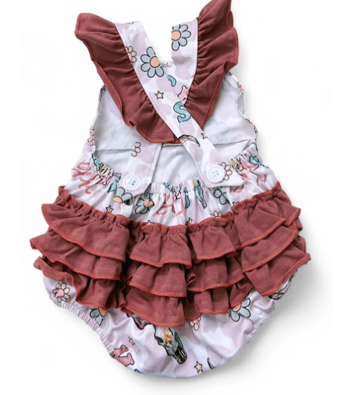 Mams's Girl Ruffle Butt Cow Skull Western Romper