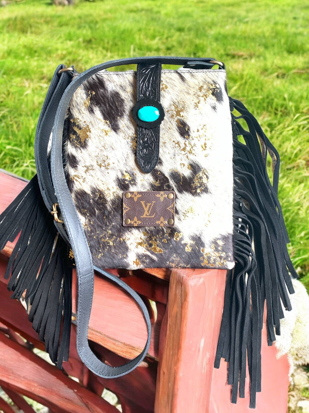 LV Logo Cowhide Medium Fringe Crossbody Bag