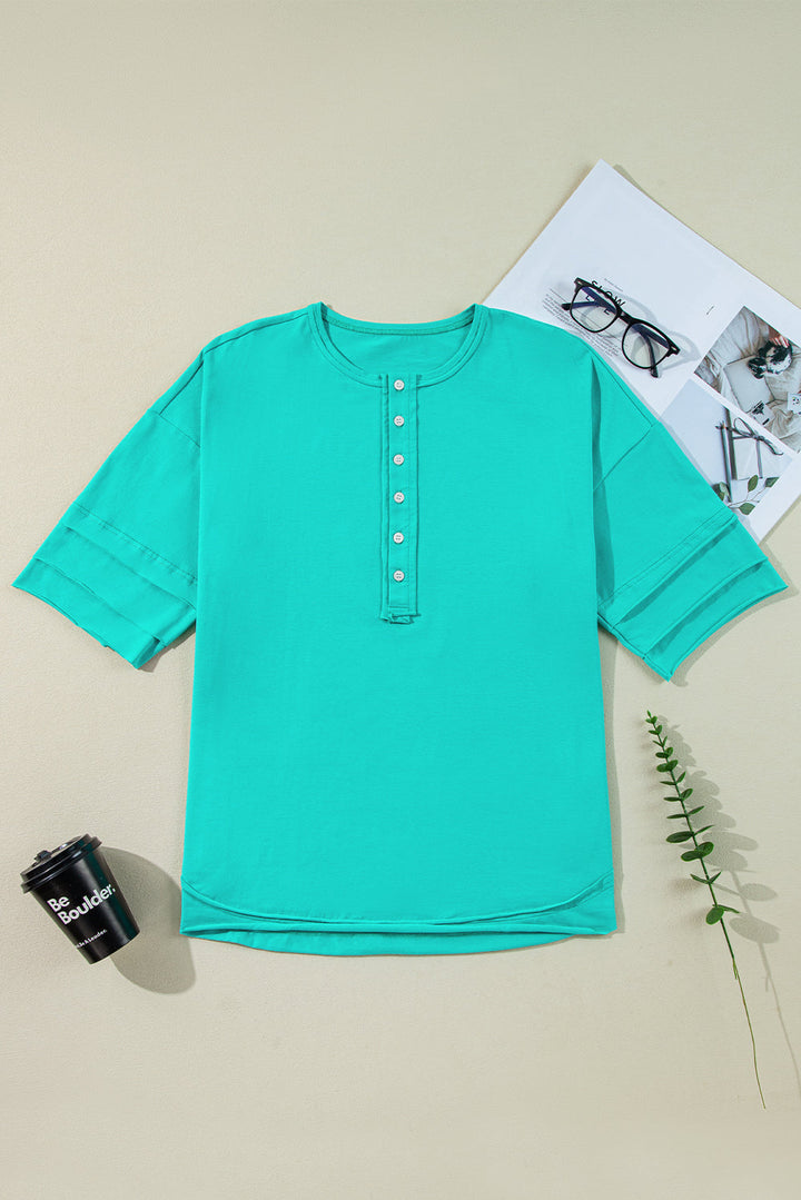 Island Aqua Solid Color Half Sleeve Buttons Henley Top