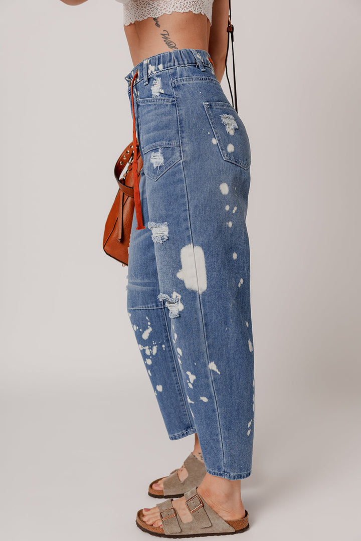 Blue Distressed Bleach Splatter Cropped Straight Leg Jeans with Orange Drawstring
