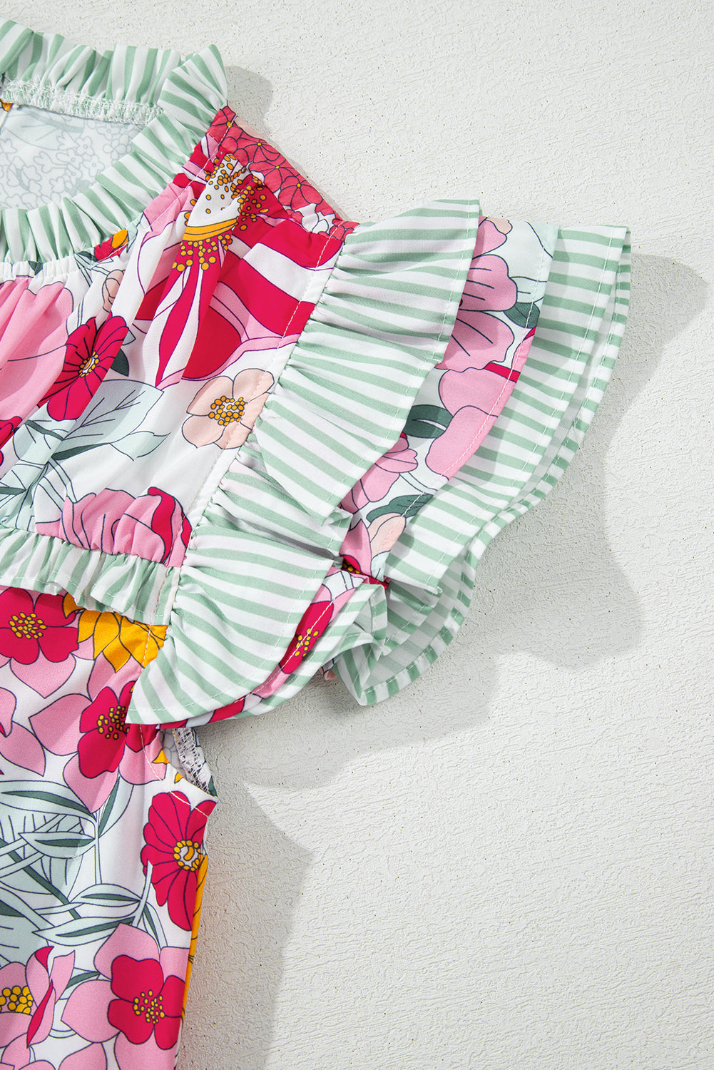 Floral Print Green Stripe Ruffles Contras Trim Cap Sleeve Blouse