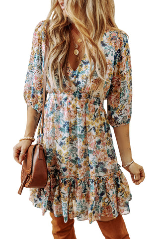 Floral V Neck 3/4 Sleeve Elastic Waist Ruffled Dress