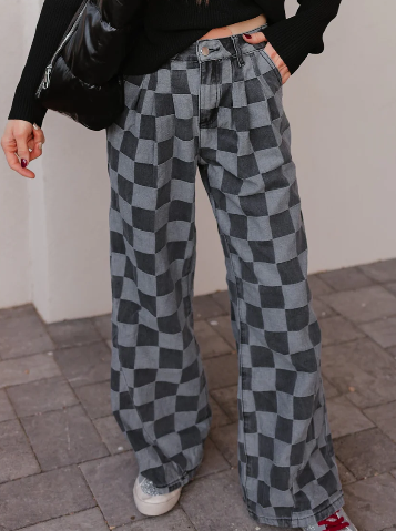 Dark Grey Checkered Denim Wide Leg Jeans