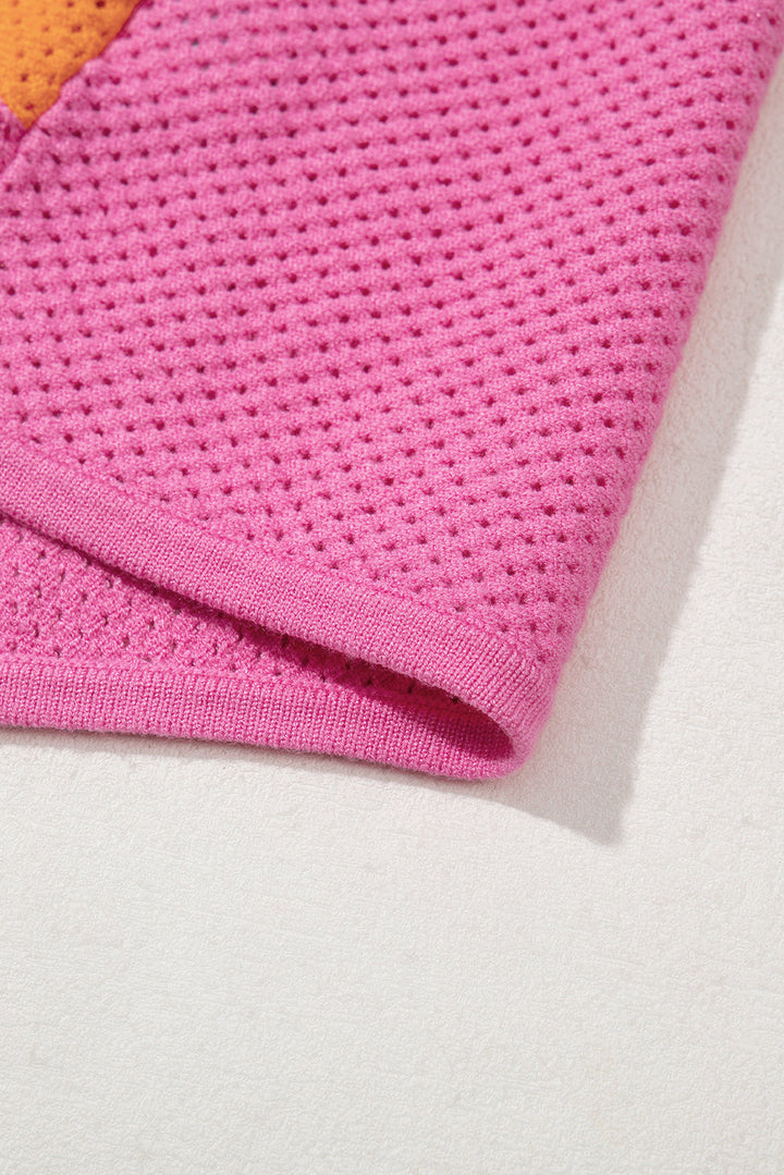 Vibrant Color Block Eyelet Casual Sweater