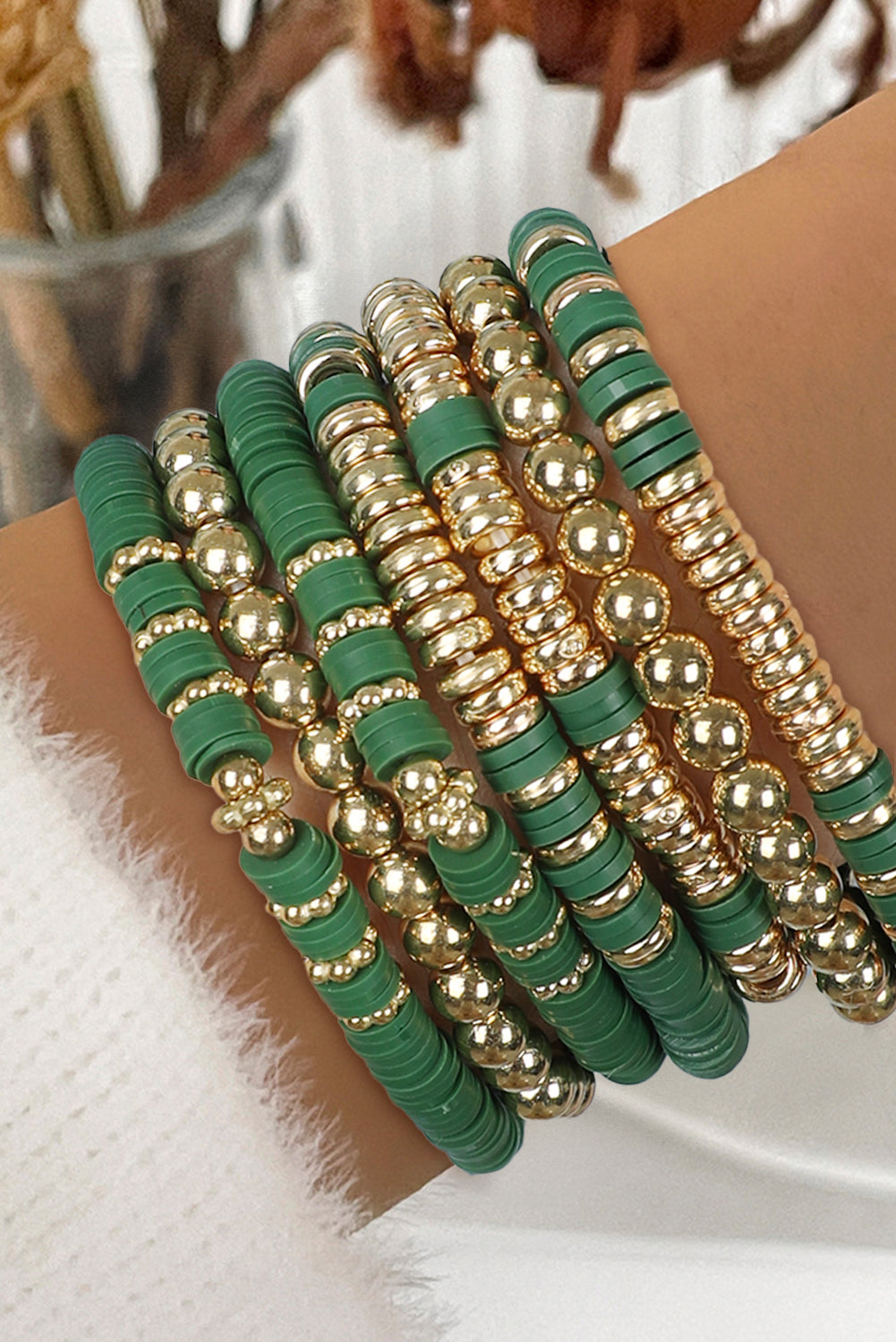 7 Piece Green and Gold Layering Stretch Bracelet Set