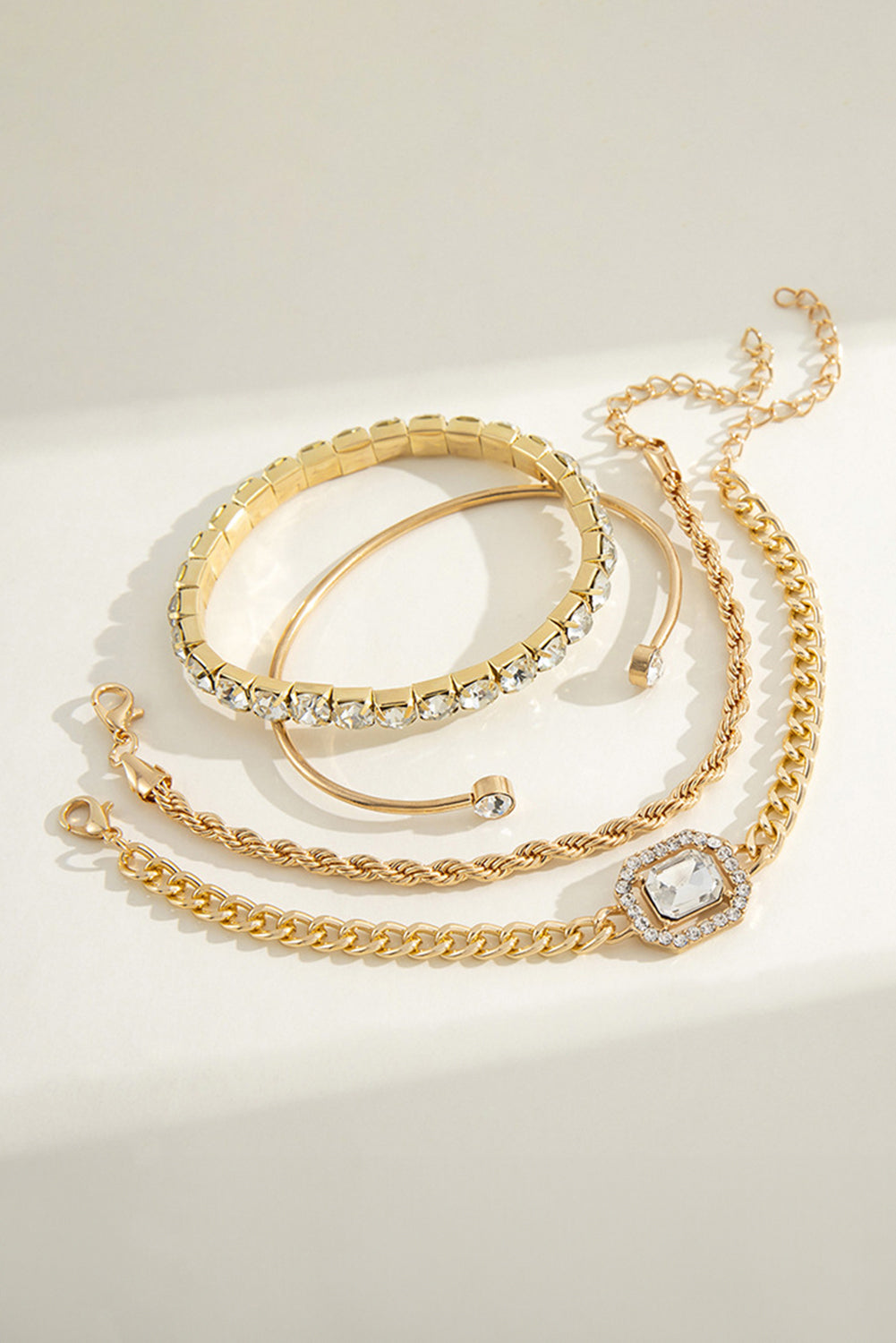 Gold Plated Rhinestone Tennis Bracelet, Bangle and Chain Bracelet Set 4 Piece