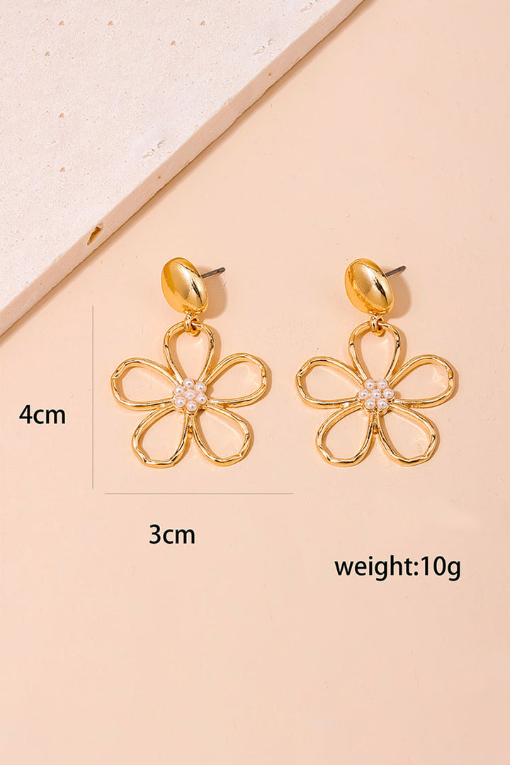 Gold Plated Dangle Flower Pierced Earrings with Faux Pearl Center