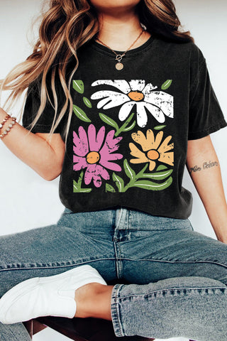 Distressed Vintage Retro Floral Print Crew Neck Casual T Shirt in Black