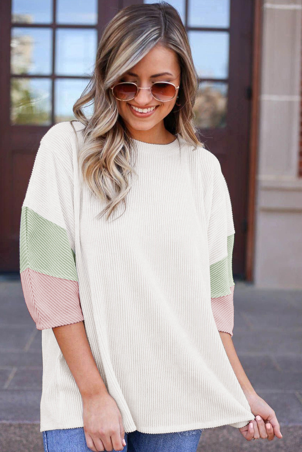 White Three-Quarter Sleeve Textured Ribbed Color Knit Top