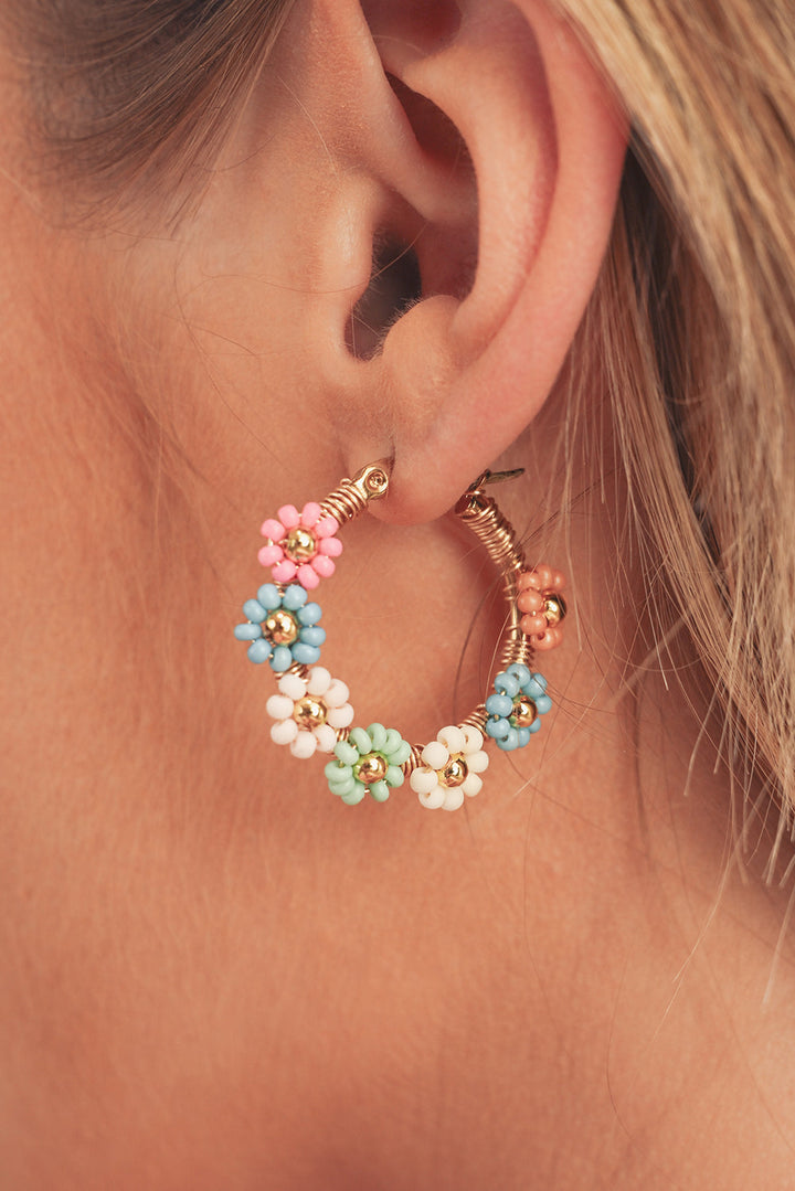 Beaded Pastel Floral Gold Tone Hoop Pierced Earrings