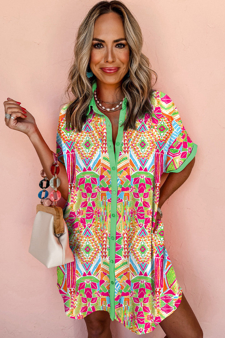 Geometric Neon Print Contrast Short Sleeve Shirt Dress