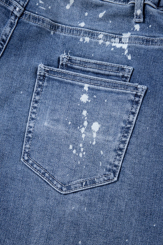 Blue Distressed Bleach Splatter Cropped Straight Leg Jeans with Orange Drawstring
