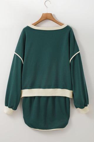 Mallard Green Color Contrast Loose Pullover and Lace-up Waist Skort Set