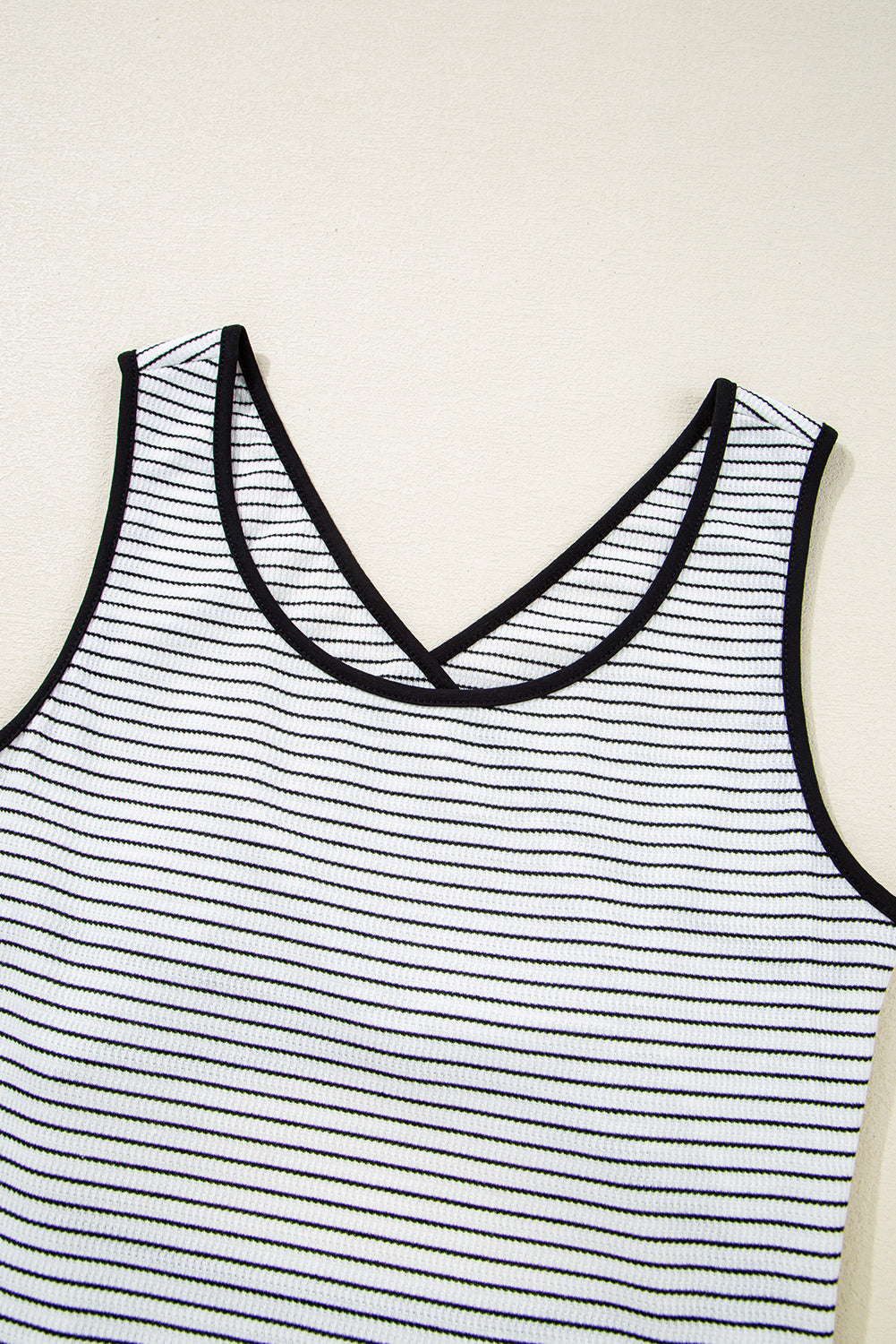 Black Stripe Sleeveless Criss Cross Peek A Boo Back Fitted Mid Length Dress